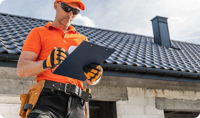 Roofer working on the roof of a house with tools and tiles in hand.